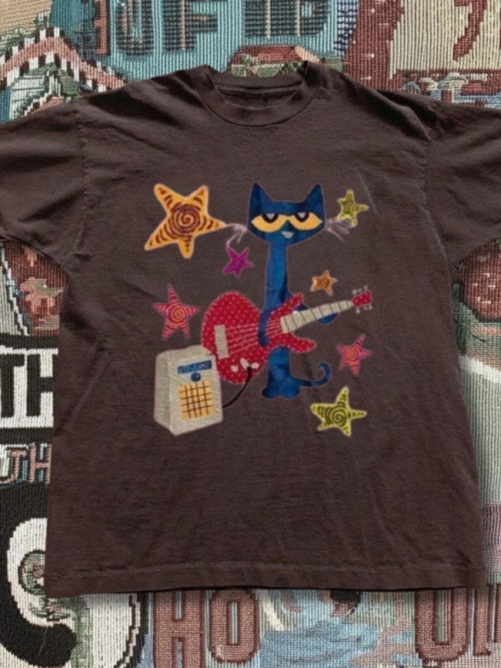 Gildan Brown Tee with Blue Cat and Red Guitar Graphic